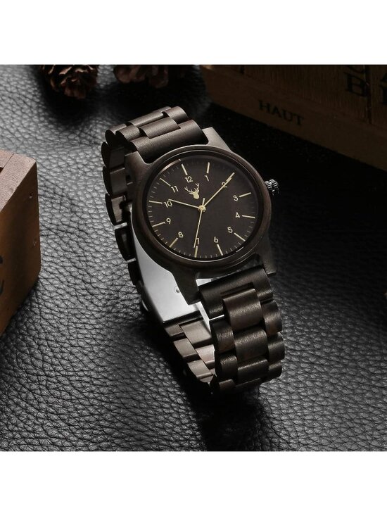 Unisex Black Uwood Series 40 mm Natural Handmade Wood Adjustable Band Date watch